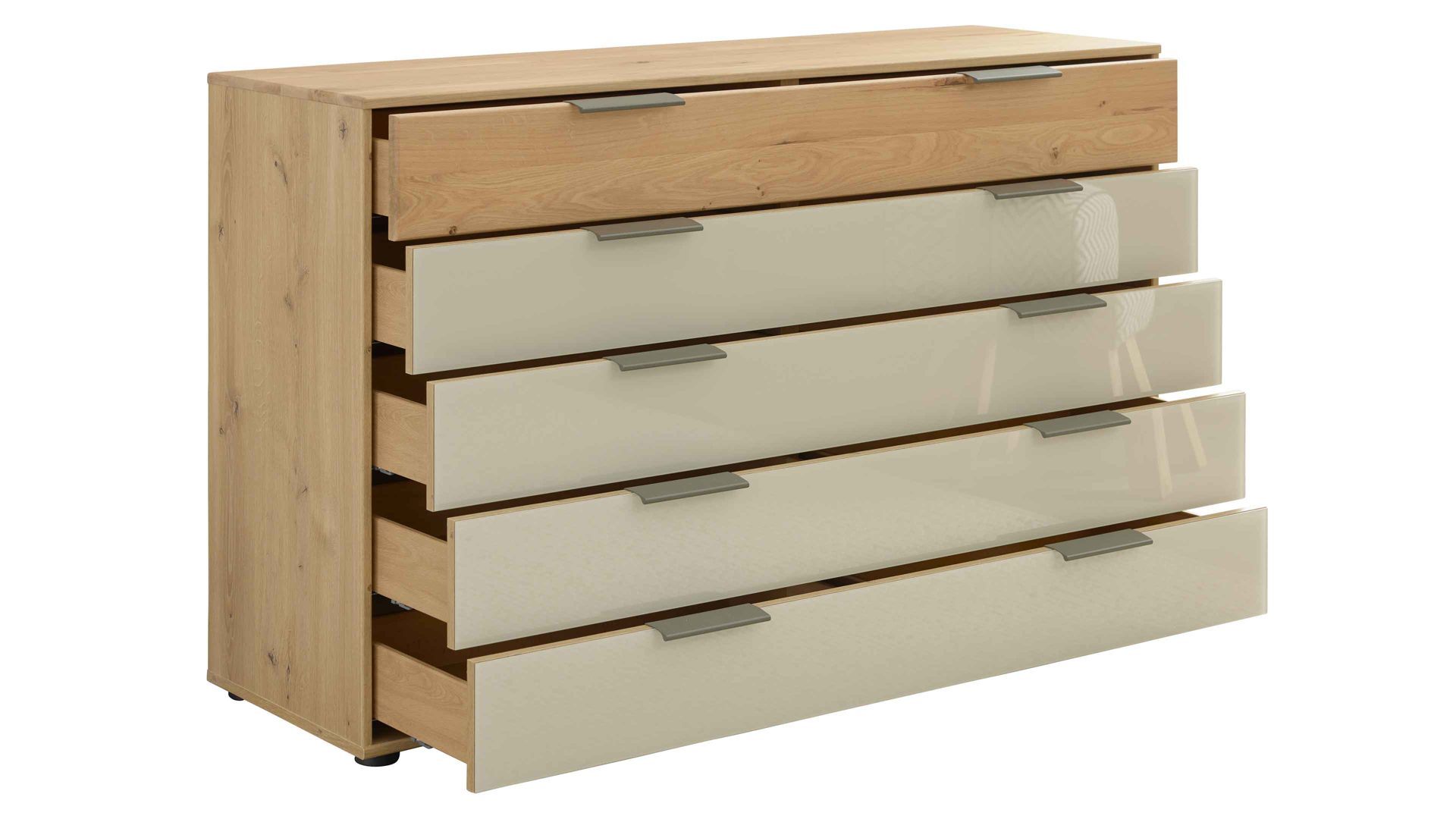 Schubladenkommode Interliving aus Holz in Hellgrau Interliving Schlafzimmer Serie 1027 – Schubladenkommode 759 Eiche bianco & Champagner - fünf Schubladen, Breite ca. 141 cm