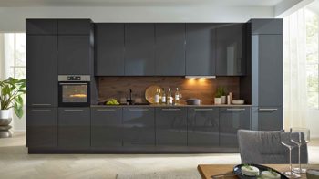 Einbauküche Interliving aus Holz in Dunkelgrau Interliving Küche Serie 3114 mit AEG Einbaugeräten Graphit & Castell Eiche - Länge ca. 408 cm