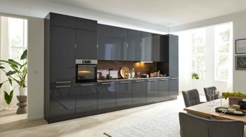 Einbauküche Interliving aus Holz in Dunkelgrau Interliving Küche Serie 3061 mit AEG Einbaugeräten Graphit & Castell Eiche - Länge ca. 408 cm