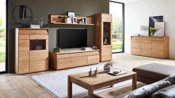 Wohnwand Decker aus Holz in Holzfarben Wohnkombination biancofarbene Wildeiche – vierteilig, Breite ca. 344 cm