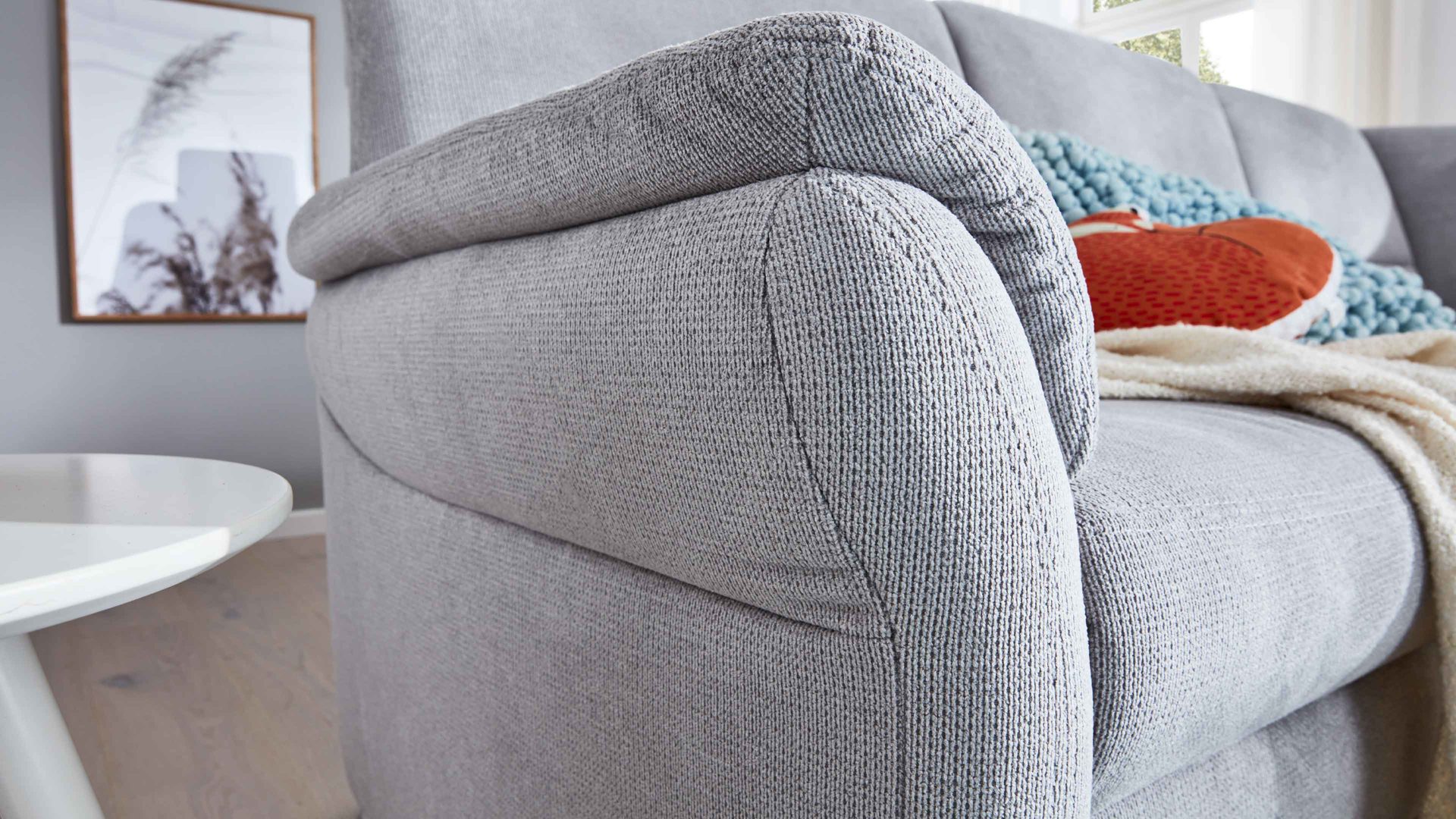 Ecksofa modulmaster aus Stoff in Hellgrau Modulmaster MM-PP1013 - Polsterecke silberfarbene Chenille & Alufüße - Stellfläche ca. 253 x 273 cm