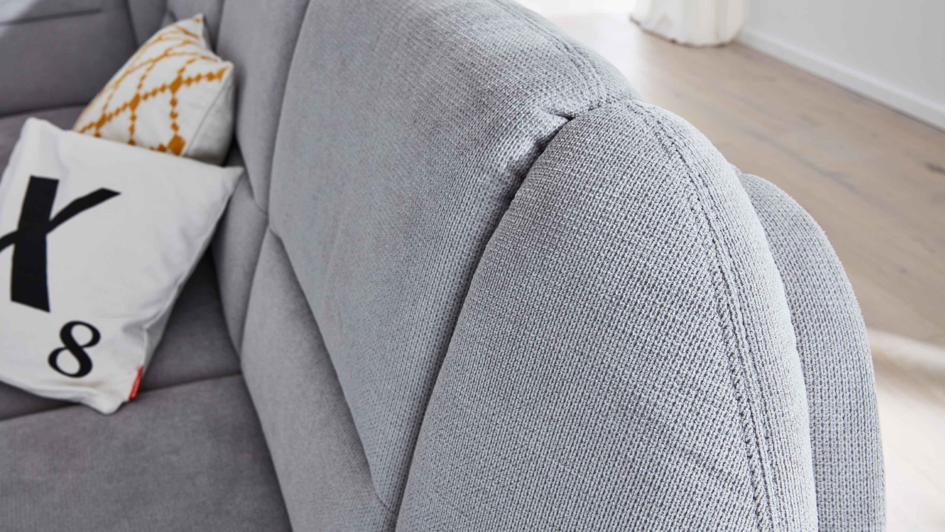 Ecksofa modulmaster aus Stoff in Hellgrau Modulmaster MM-PP1013 - Polsterecke silberfarbene Chenille & Alufüße - Stellfläche ca. 253 x 273 cm