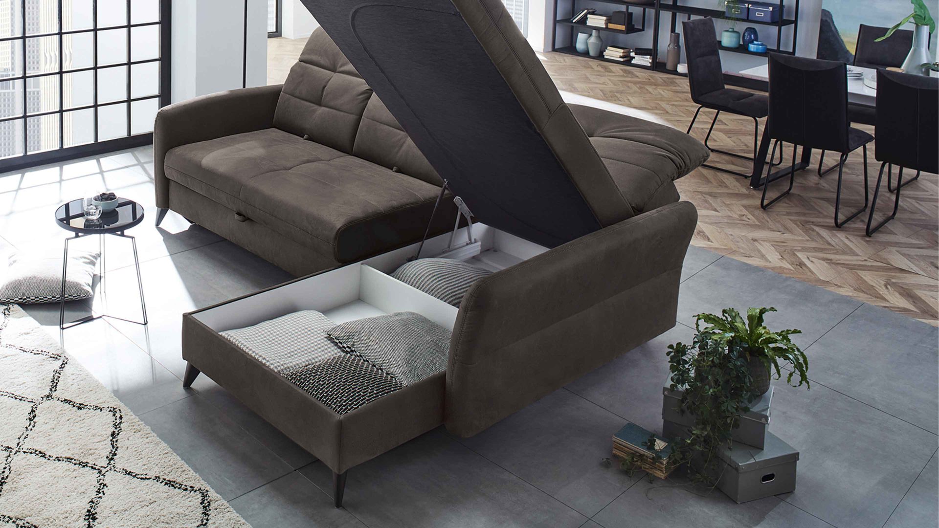 Ecksofa Job aus Stoff in Dunkelbraun Funktions-Ecksofa Loft dunkelbraune Mikrofaser 504.08 - Stellfläche ca. 267 x 209 cm