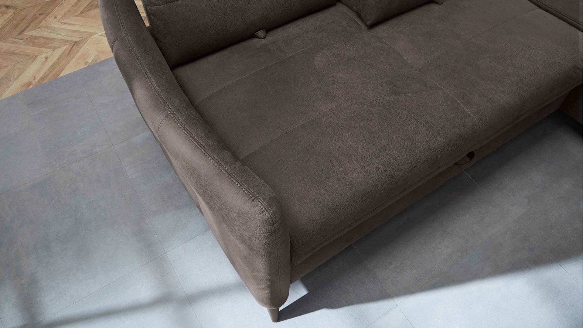 Ecksofa Job aus Stoff in Dunkelbraun Funktions-Ecksofa Loft dunkelbraune Mikrofaser 504.08 - Stellfläche ca. 267 x 209 cm