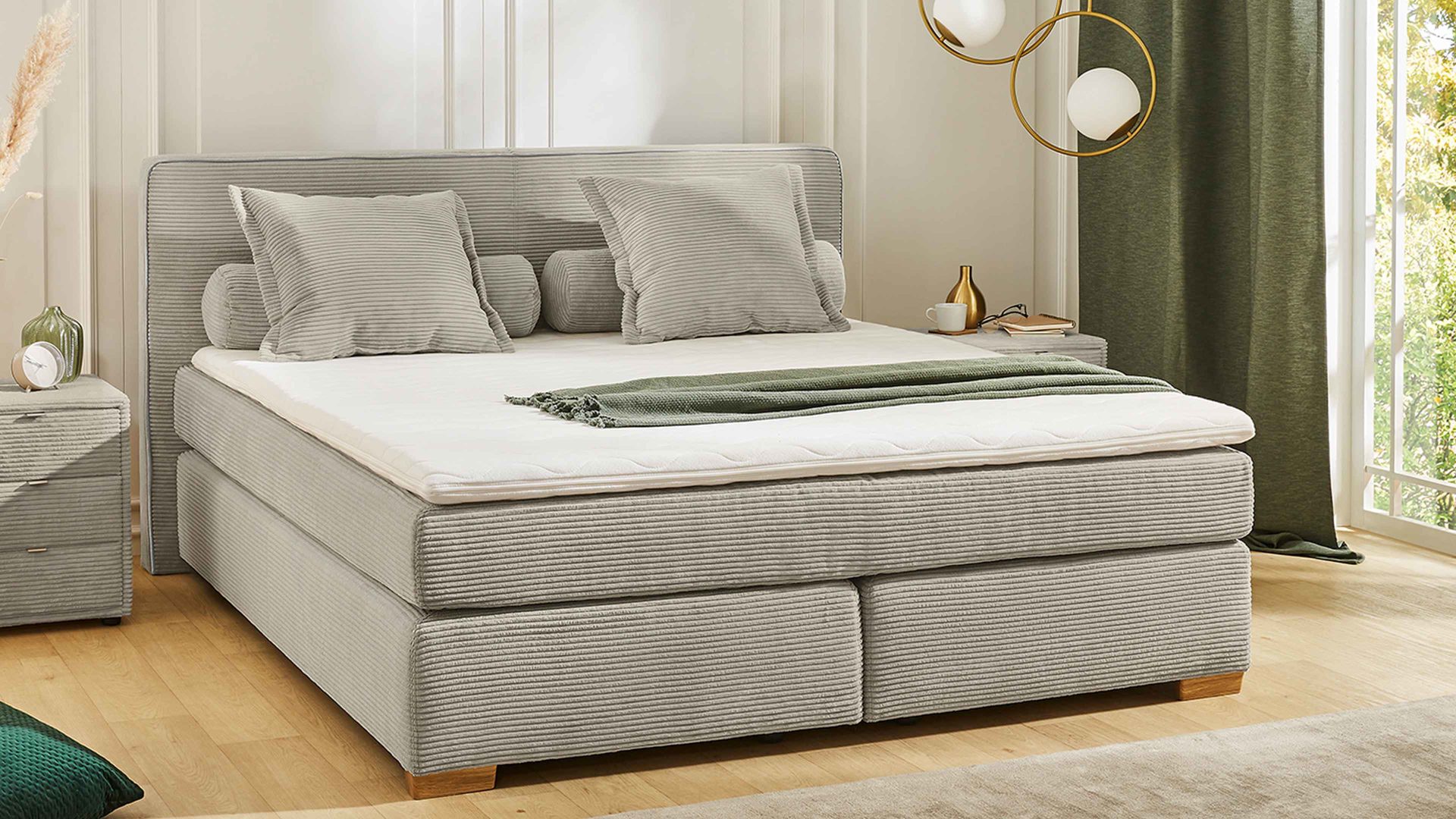 Boxspringbett Jockenhöfer aus Stoff in Hellgrau Boxspringbett Romy greiger Cord 426.17 & Holzfüße – Liegefläche ca. 180 x 200 cm