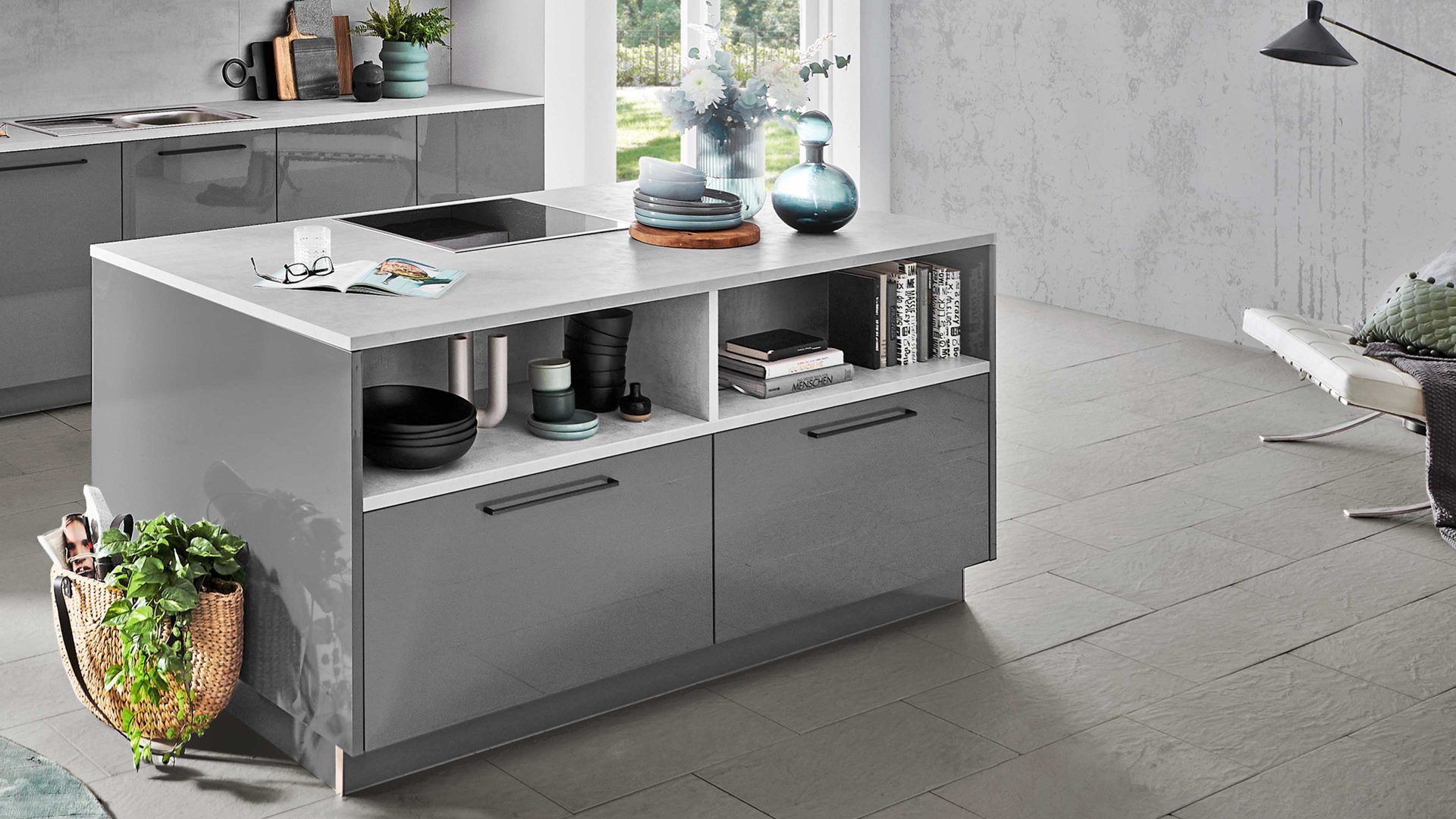 Einbauküche Nolte® küchen aus Holz in Grau nolte® Einbauküche Lux mit Miele Einbaugeräten Quarzgrau & weißer Beton – zweizeilig