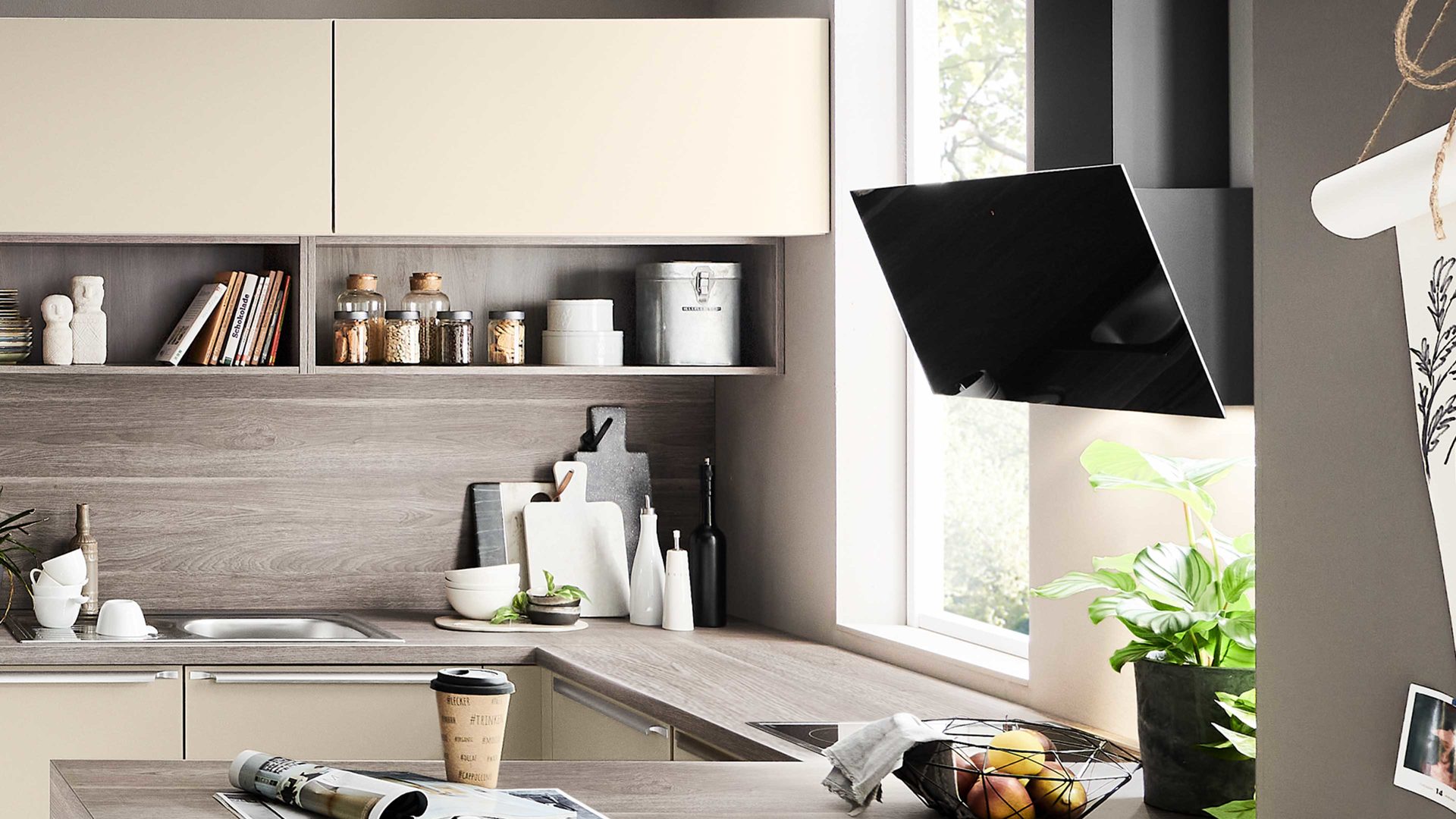 Einbauküche Nolte® küchen aus Holz in Beige nolte® Einbauküche Plus mit privileg Einbaugeräten Lava & Graphitsilber - Stellfläche ca. 310 x 285 cm