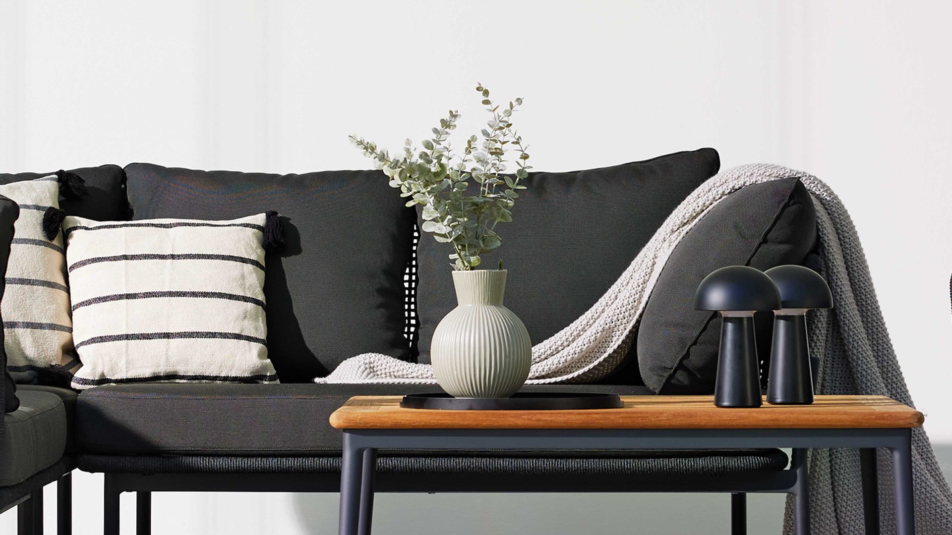 Gartensofa Interliving aus Kunstfaser in Dunkelgrau Interliving Gartenmöbel Serie 7005 - Modul G719 rechts, graues Kordelgeflecht & dunkelgrauer Olefinbezug - Breite ca. 130 cm