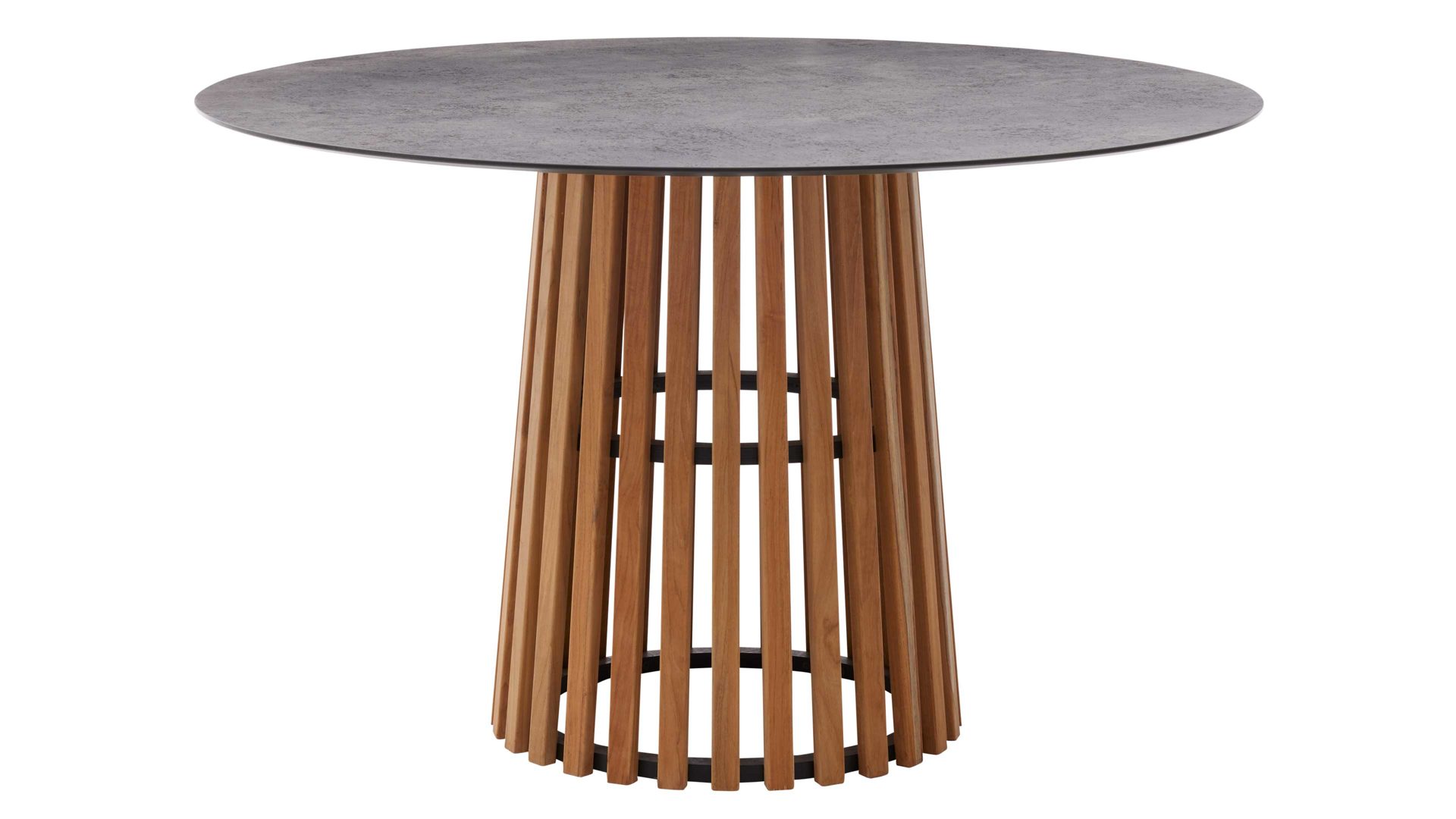 Gartenmöbel-Set Interliving aus Geflecht in Grau Interliving Gartenmöbel Serie 7004 – Tischgruppe mit rundem Tisch graues Kordelgeflecht & dunkelgrauer Bezug Heather 181, HPL Beton & Teakholz