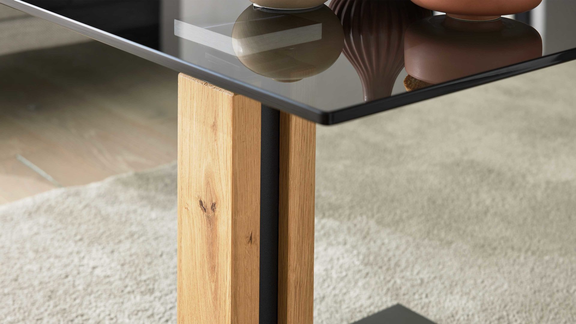 Beistelltisch Interliving aus Glas in Dunkelgrau Interliving Couchtisch Serie 6211 - Beistelltisch graues Parsolglas & Wildeiche - ca. 55 x 47 cm