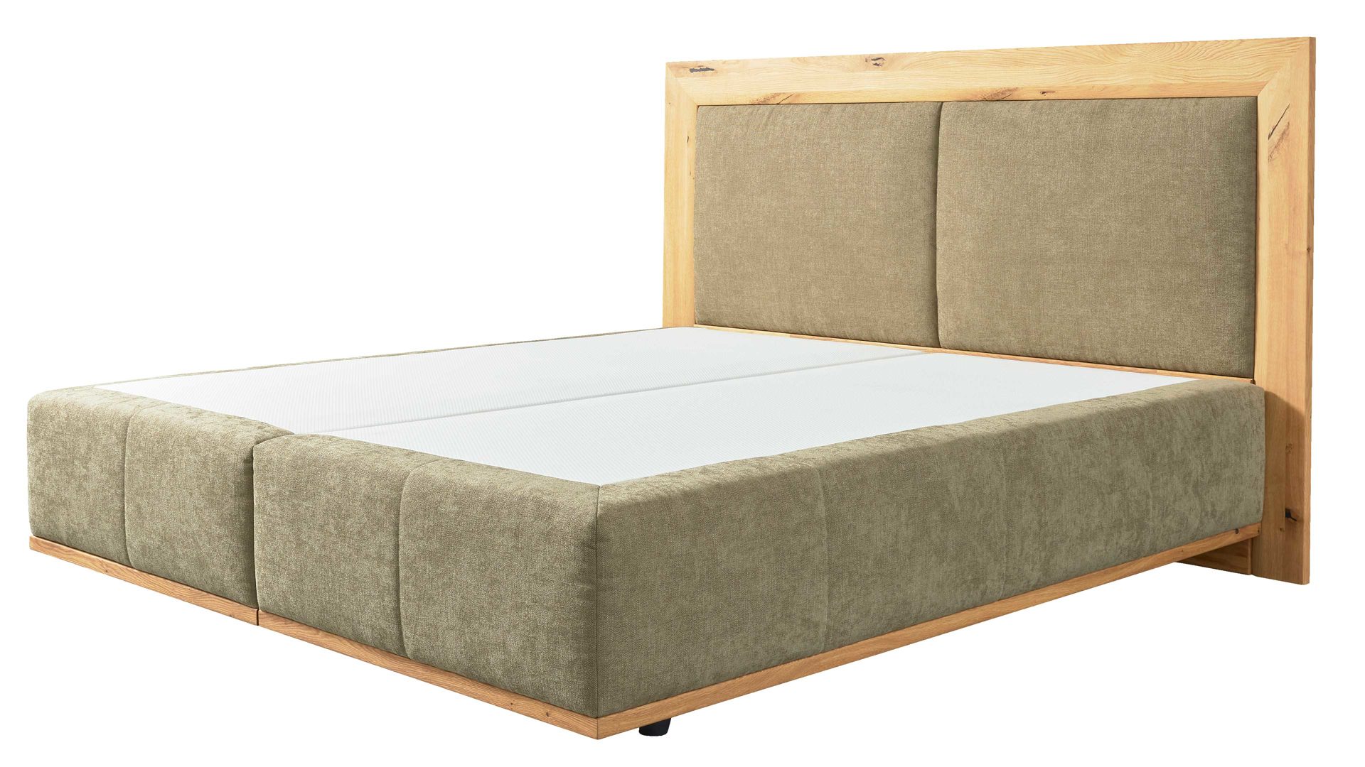 Boxspringbett Interliving aus Stoff in Grün Interliving Boxspringbett Serie 1415 - Boxspringbett mit extra hohem Kopfteil olivgrüner Stoffbezug ELK 323 & Schwebefuß - Liegefläche ca. 180 x 200 cm