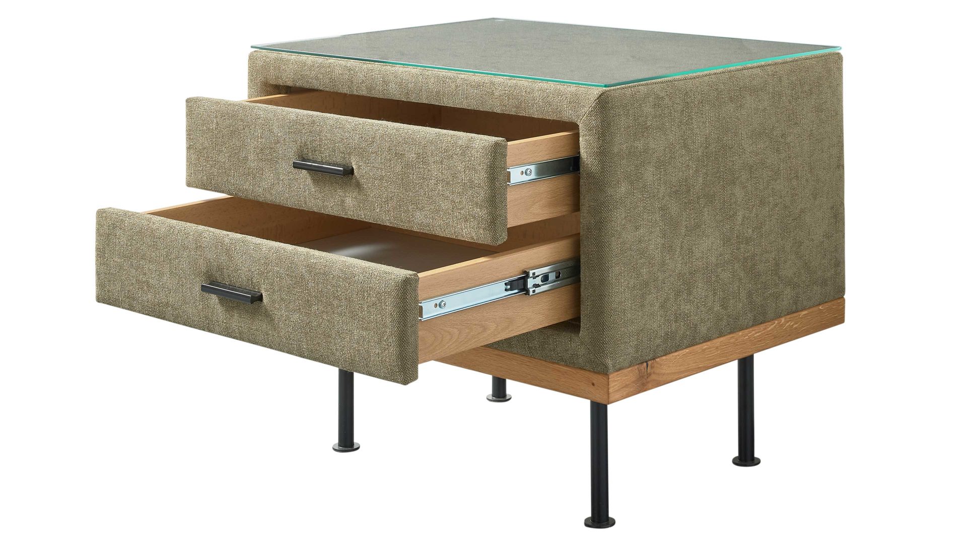 Nachtkommode Interliving aus Stoff in Grün Interliving Boxspringbett Serie 1415 - Nachtkommode olivgrüner Stoffbezug ELK 323 - zwei Schubladen