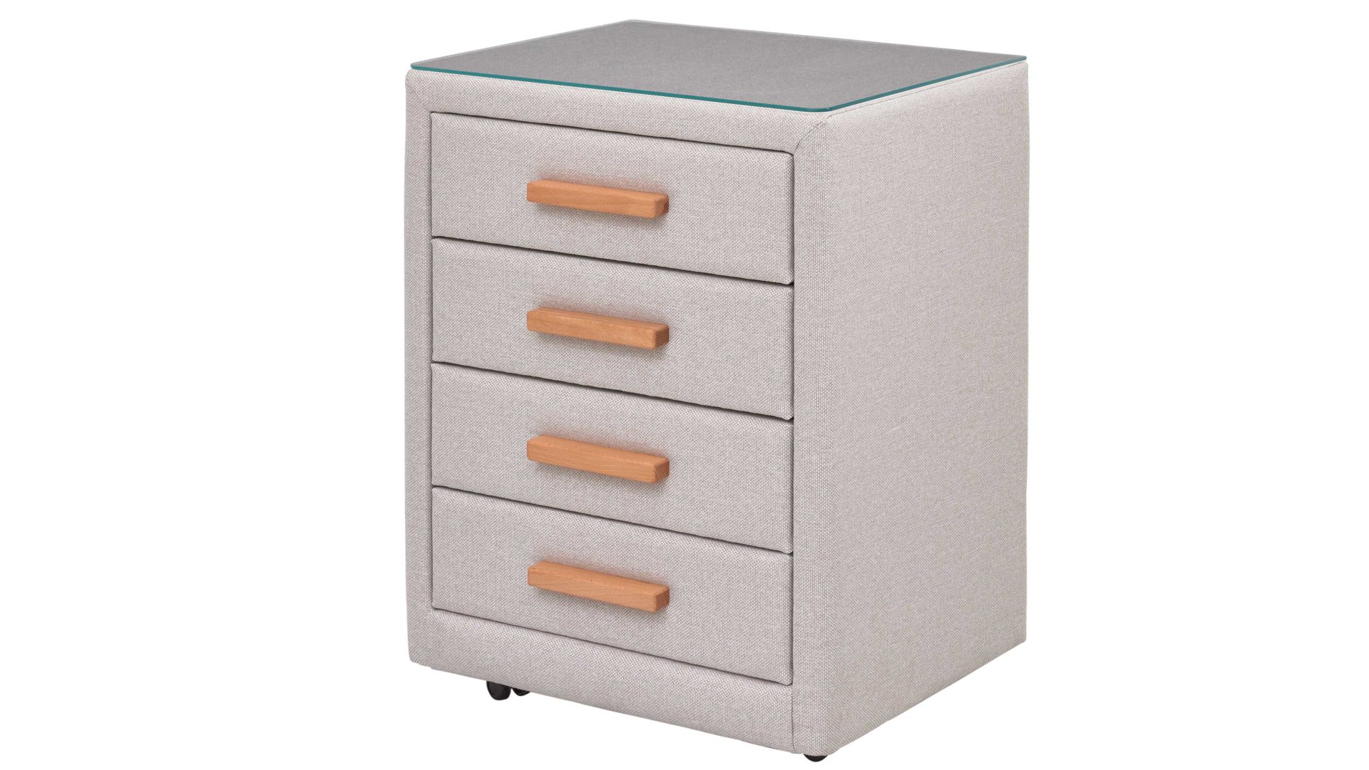 Nachtkommode Interliving aus Stoff in Beige Interliving Boxspringbett Serie 1415 - Nachtkommode hellbeiger Stoffbezug TBB 2 - vier Schubladen