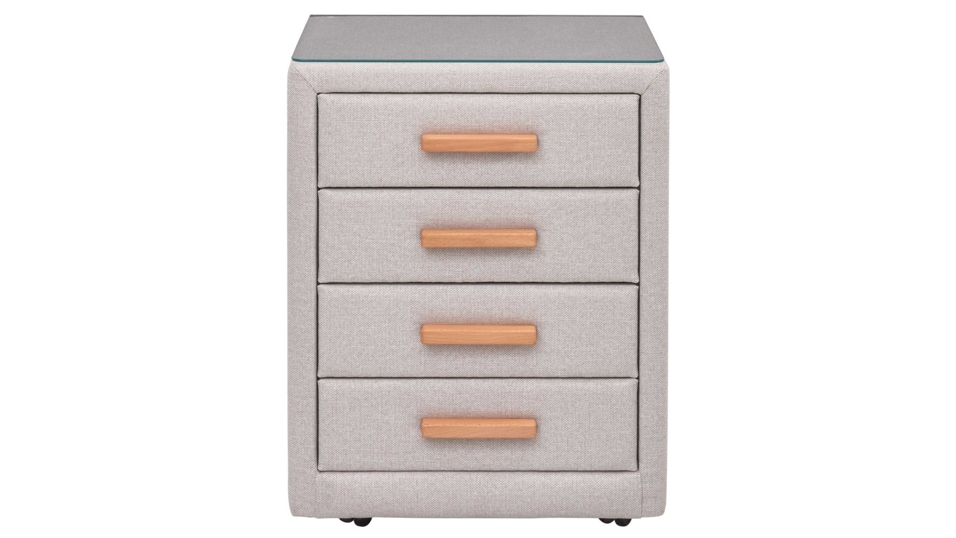 Nachtkommode Interliving aus Stoff in Beige Interliving Boxspringbett Serie 1415 - Nachtkommode hellbeiger Stoffbezug TBB 2 - vier Schubladen