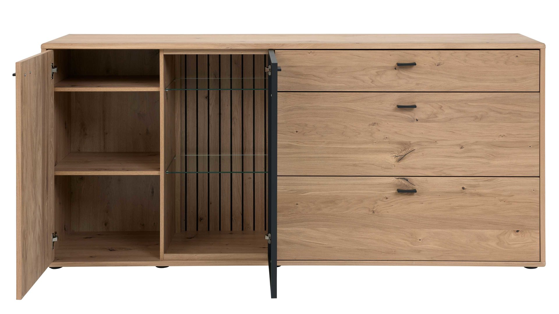 Sideboard Interliving aus Holz in Holzfarben Interliving Wohnzimmer Serie 2024 - Sideboard Eiche & Schwarzglas - zwei Türen, drei Schubladen, Länge ca. 200 cm