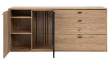 Sideboard Interliving aus Holz in Holzfarben Interliving Wohnzimmer Serie 2024 - Sideboard 33 Eiche & Schwarzglas - zwei Türen, drei Schubladen