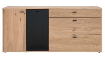 Sideboard Interliving aus Holz in Holzfarben Interliving Wohnzimmer Serie 2024 - Sideboard Eiche & Schwarzglas - zwei Türen, drei Schubladen, Länge ca. 200 cm