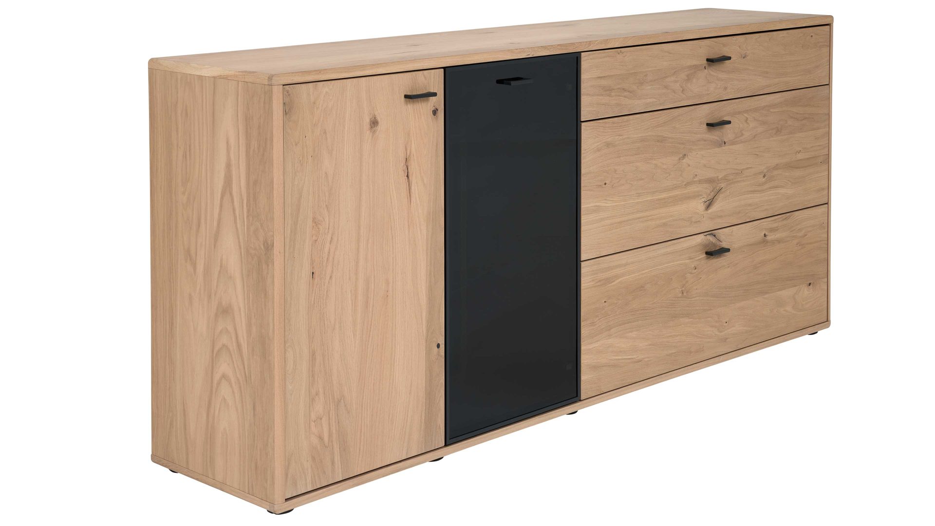 Sideboard Interliving aus Holz in Holzfarben Interliving Wohnzimmer Serie 2024 - Sideboard Eiche & Schwarzglas - zwei Türen, drei Schubladen, Länge ca. 200 cm