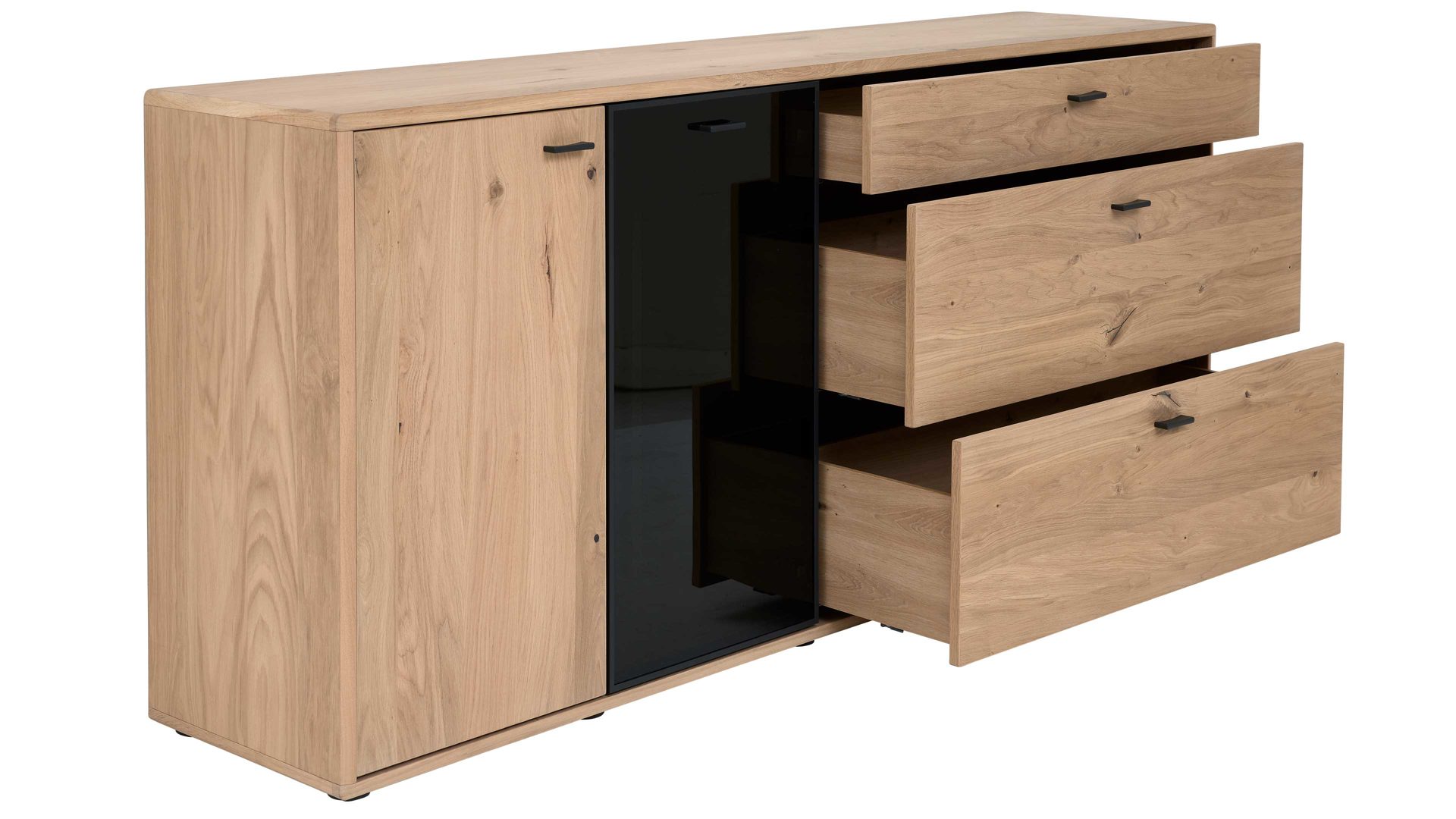 Sideboard Interliving aus Holz in Holzfarben Interliving Wohnzimmer Serie 2024 - Sideboard Eiche & Schwarzglas - zwei Türen, drei Schubladen, Länge ca. 200 cm