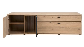 Wohnwand Interliving aus Holz in Holzfarben Interliving Wohnzimmer Serie 2024 - Wohnwand 20 Eiche & Schwarzglas - dreiteilig, Breite ca. 299 cm