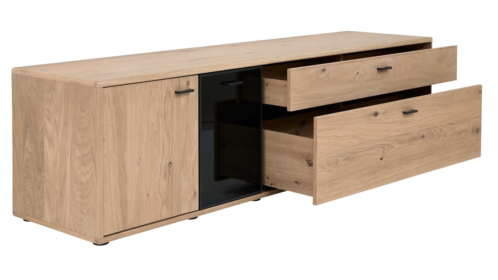 Wohnwand Interliving aus Holz in Holzfarben Interliving Wohnzimmer Serie 2024 - Wohnwand Eiche & Schwarzglas - dreiteilig, Breite ca. 299 cm