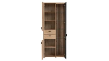 Wohnwand Interliving aus Holz in Holzfarben Interliving Wohnzimmer Serie 2024 - Wohnwand 20 Eiche & Schwarzglas - dreiteilig, Breite ca. 299 cm