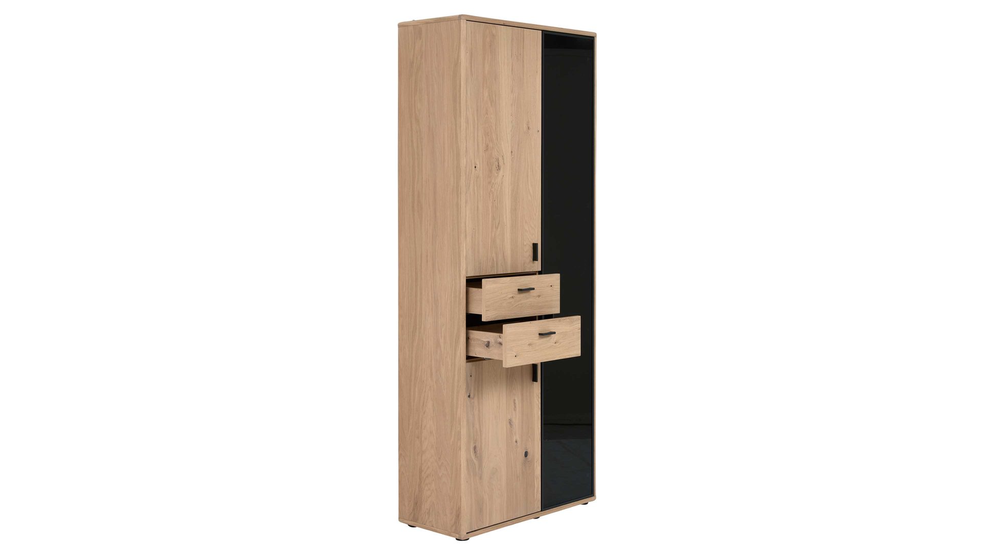 Vitrine Interliving aus Holz in Holzfarben Interliving Wohnzimmer Serie 2024 - Vitrine 12 Eiche & Schwarzglas - drei Türen, zwei Schubladen, Breite ca. 85 cm