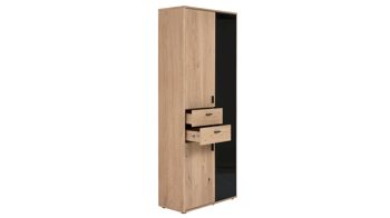 Wohnwand Interliving aus Holz in Holzfarben Interliving Wohnzimmer Serie 2024 - Wohnwand 20 Eiche & Schwarzglas - dreiteilig, Breite ca. 299 cm