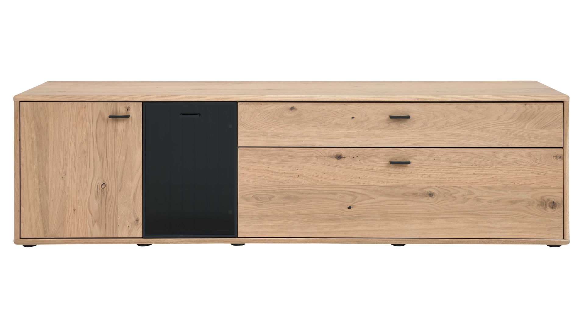 Lowboard Interliving aus Holz in Holzfarben Interliving Wohnzimmer Serie 2024 - TV-Element 03 Eiche & Schwarzglas -zwei Türen, zwei Schubladen, Breite ca. 205 cm