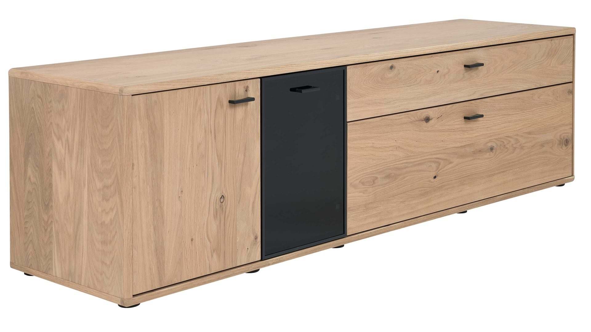 Lowboard Interliving aus Holz in Holzfarben Interliving Wohnzimmer Serie 2024 - TV-Element Eiche & Schwarzglas -zwei Türen, zwei Schubladen, Breite ca. 205 cm