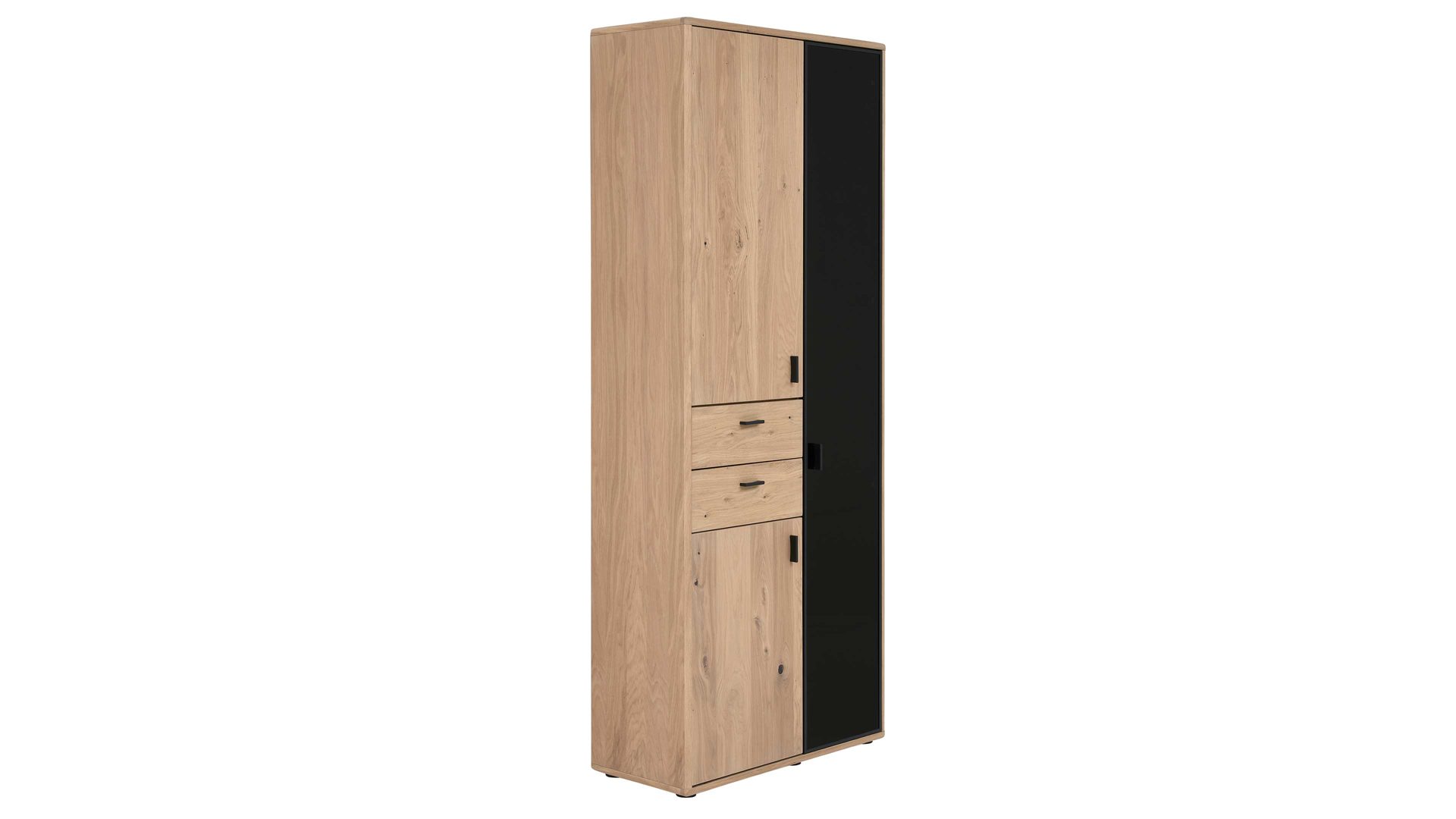 Vitrine Interliving aus Holz in Holzfarben Interliving Wohnzimmer Serie 2024 - Vitrine 12 Eiche & Schwarzglas - drei Türen, zwei Schubladen, Breite ca. 85 cm