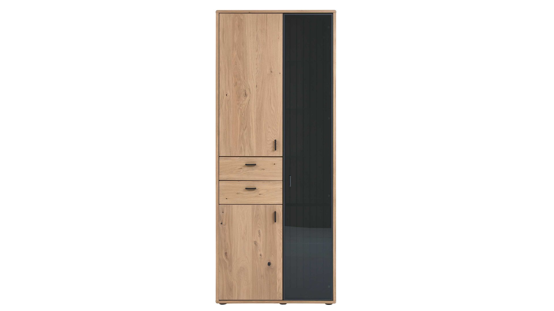 Vitrine Interliving aus Holz in Holzfarben Interliving Wohnzimmer Serie 2024 - Vitrine 12 Eiche & Schwarzglas - drei Türen, zwei Schubladen, Breite ca. 85 cm