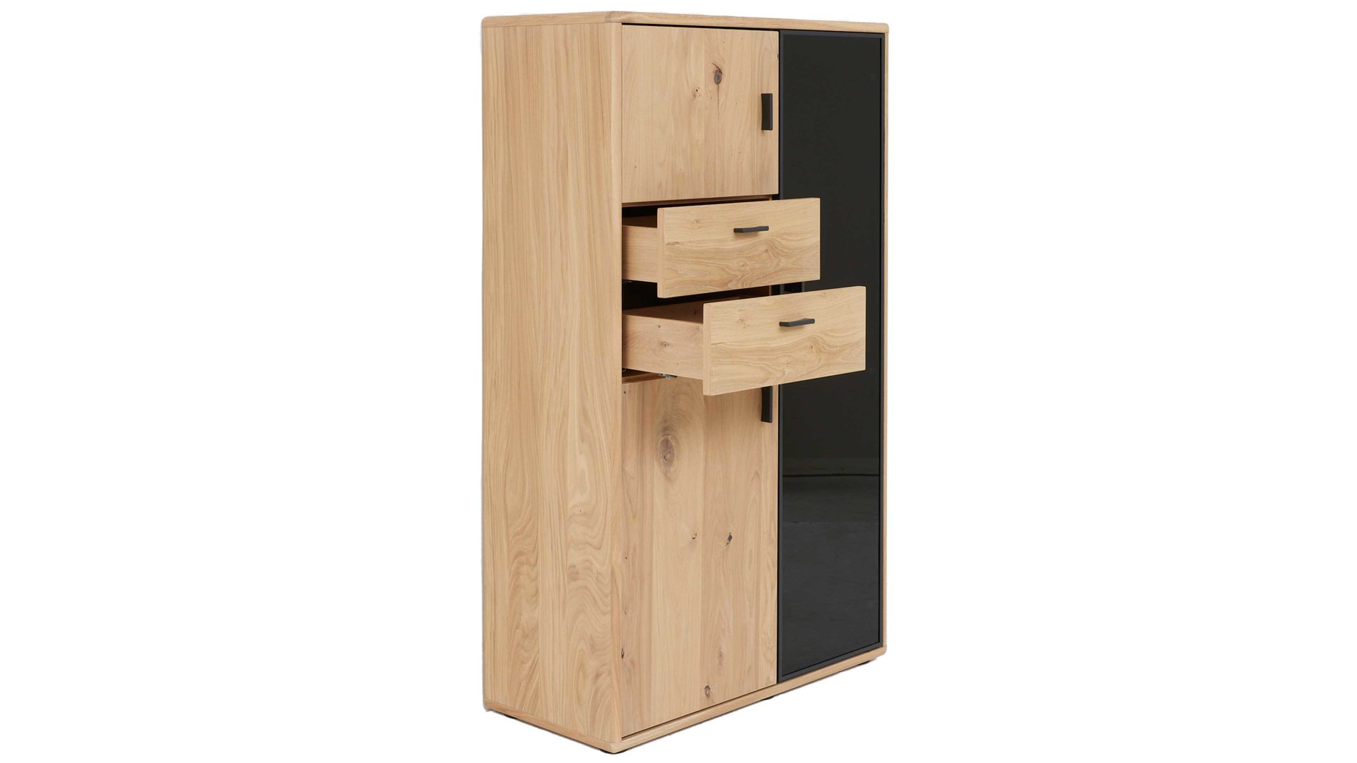Highboard Interliving aus Holz in Holzfarben Interliving Wohnzimmer Serie 2024 - Highboard Eiche & Schwarzglas - drei Türen, zwei Schubladen