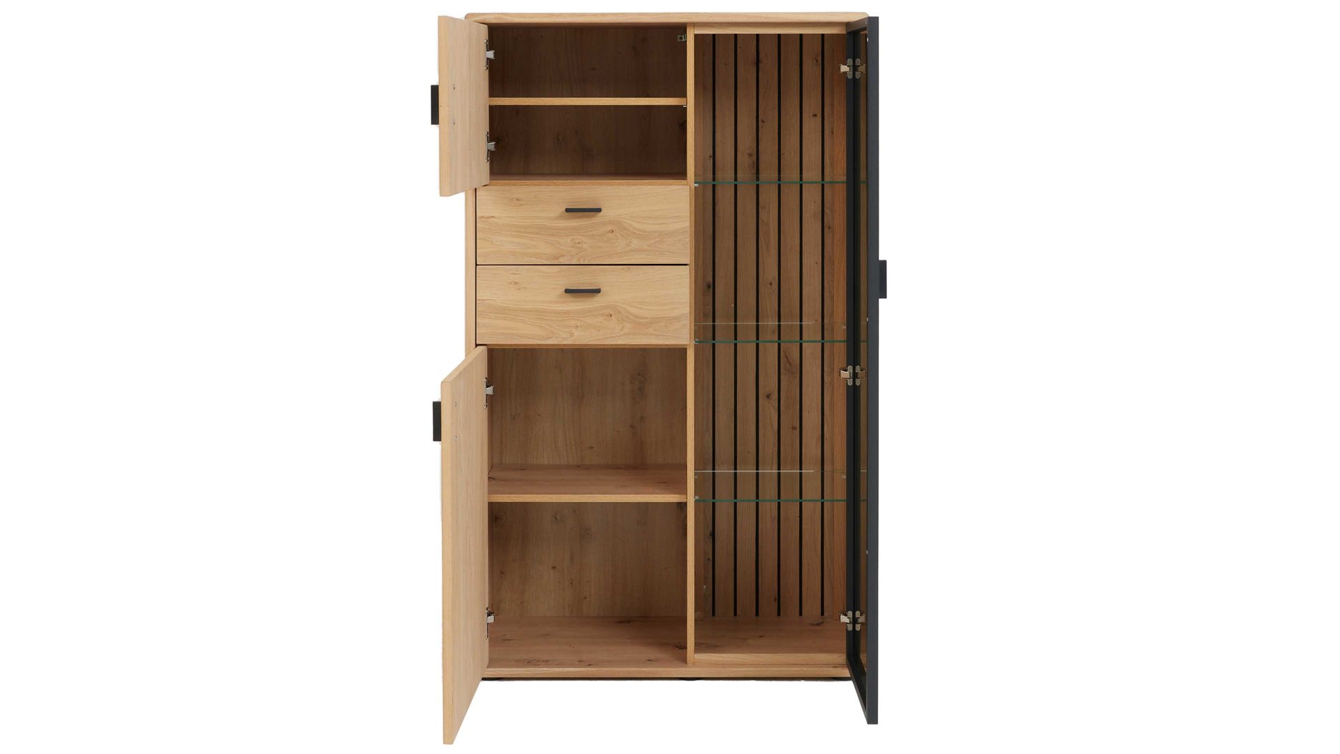 Wohnwand Interliving aus Holz in Holzfarben Interliving Wohnzimmer Serie 2024 - Wohnwand 22 Eiche & Schwarzglas - dreiteilig, Breite ca. 319 cm