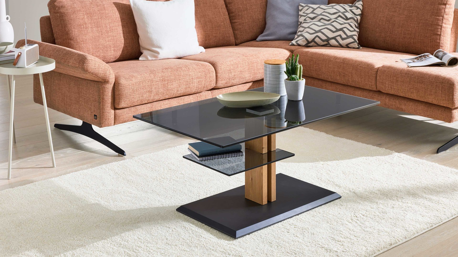 Couchtisch Interliving aus Glas in Dunkelgrau Interliving Couchtisch Serie 6212 - Couchtisch graues Parsolglas & Wildeiche - ca. 100 x 60 cm