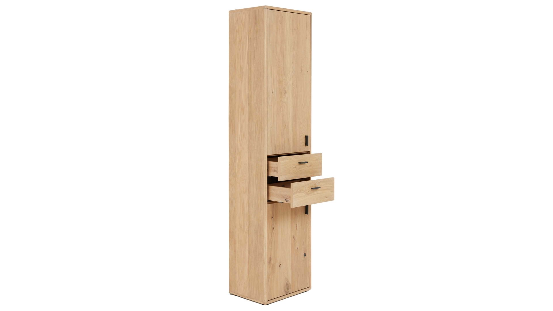 Einzelschrank Interliving aus Holz in Holzfarben Interliving Wohnzimmer Serie 2024 - Schrank 09 Eiche & Schwarzglas - zwei Türen, zwei Schubladen, Höhe ca. 208 cm