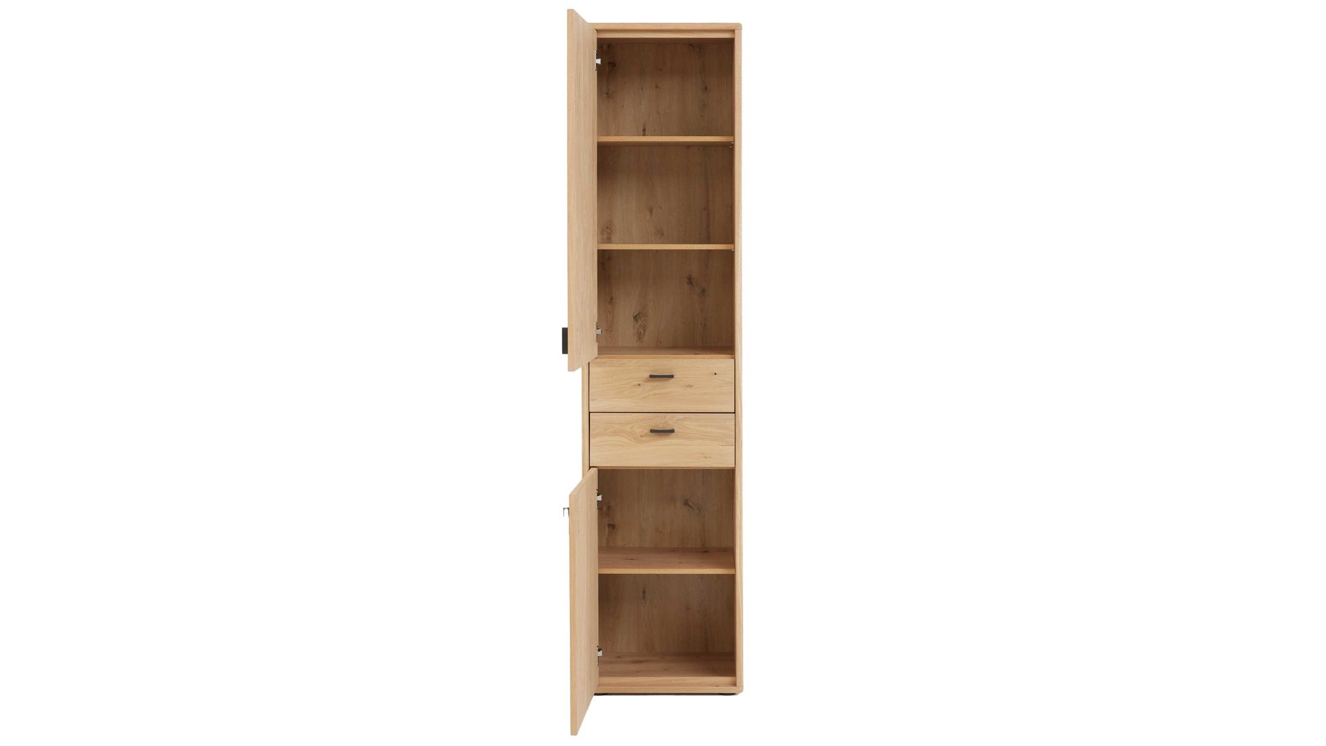 Einzelschrank Interliving aus Holz in Holzfarben Interliving Wohnzimmer Serie 2024 - Schrank 09 Eiche & Schwarzglas - zwei Türen, zwei Schubladen, Höhe ca. 208 cm