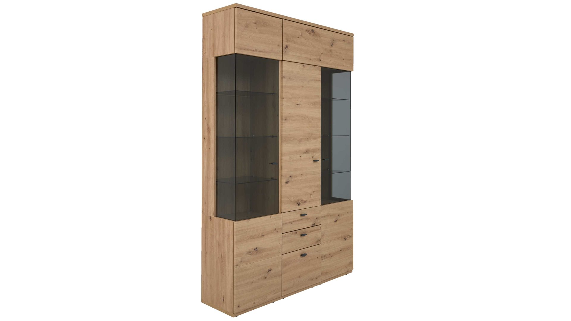 Vitrine Interliving aus Holz in Holzfarben Interliving Wohnzimmer Serie 2110 - Vitrine Alteiche - drei Türen, zwei Schubladen, Breite ca. 135 cm