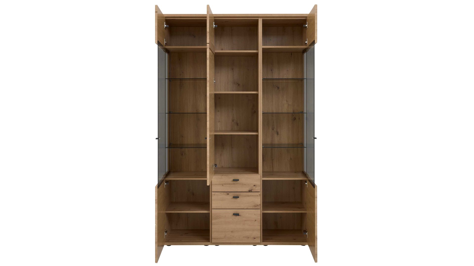 Vitrine Interliving aus Holz in Holzfarben Interliving Wohnzimmer Serie 2110 - Vitrine Alteiche - drei Türen, zwei Schubladen, Breite ca. 135 cm