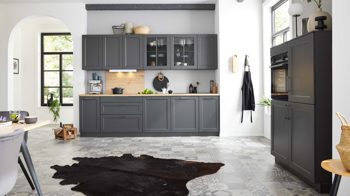 Einbauküche WERT KÜCHE® aus Holz in Schwarz WERT KÜCHE® Vida mit SIEMENS Einbaugeräten Lavaschwarz Satin & Wildeiche natur - zweiteilig