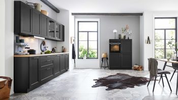 Einbauküche WERT KÜCHE® aus Holz in Schwarz WERT KÜCHE® Vida mit SIEMENS Einbaugeräten Lavaschwarz Satin & Wildeiche natur - zweiteilig
