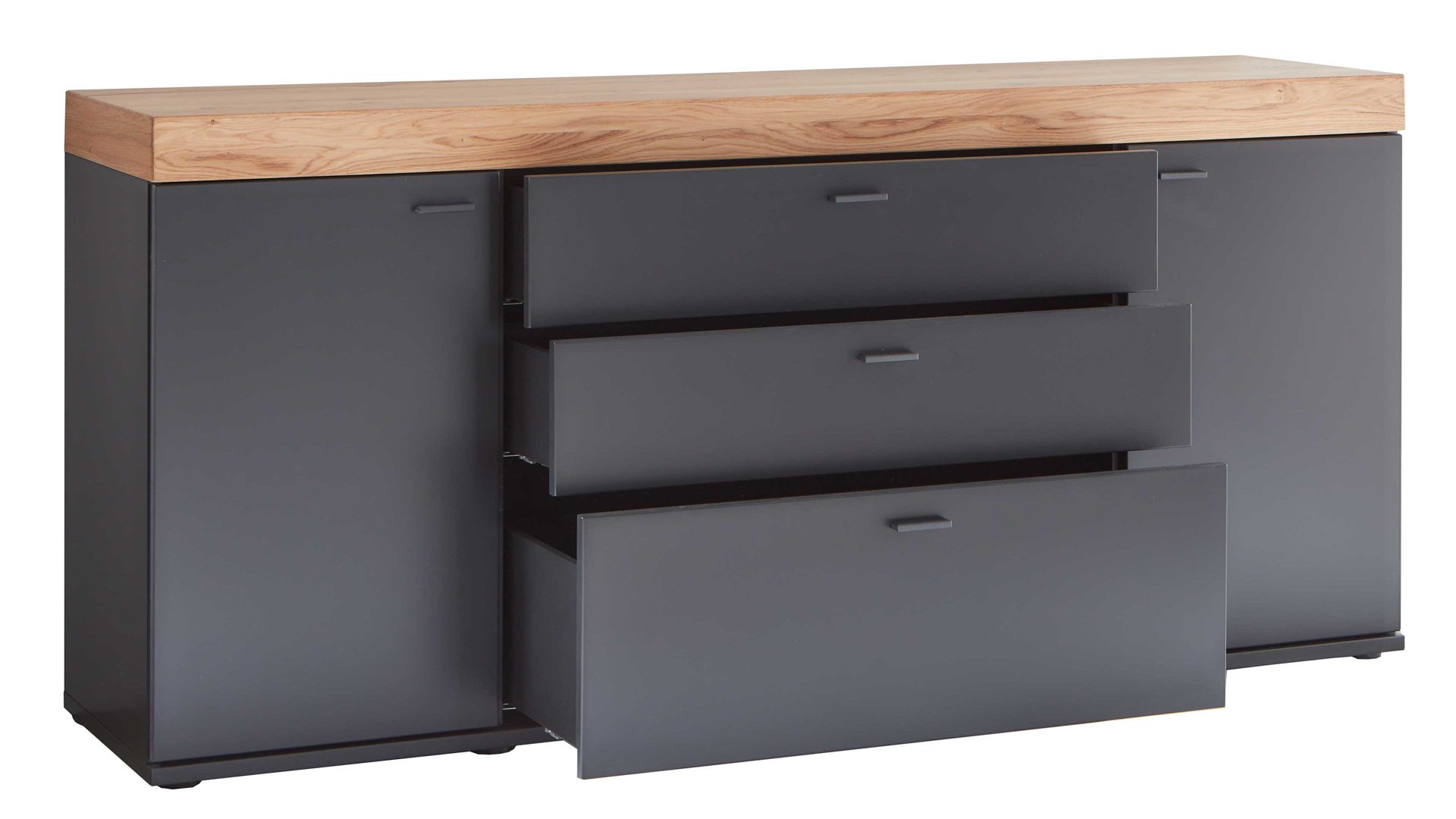 Sideboard Mca furniture aus Holz in Schwarz Wohnmöbelserie Messina - Sideboard Schwarzgrau & Risseiche - zwei Türen, drei Schubladen, Breite ca. 180 cm