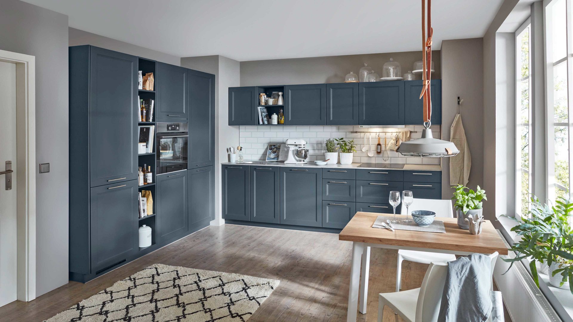 Einbauküche Nobilia® aus Holz in Blau nobilia® Einbauküche Cascada mit AEG Einbaugeräten Fjordblau & Steingrau - zweiteilig