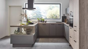 Einbauküche Nobilia® aus Holz in Dunkelgrau nobilia® Einbauküche Touch mit Einbaugeräten Schiefergrau & Eiche Bergamo - Stellfläche ca. 309 x 308 cm