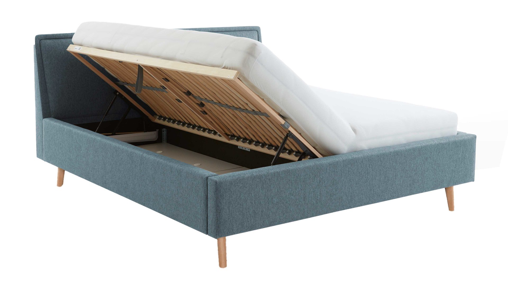Bettgestell Meise.möbel aus Stoff in Blau Polsterbettgestell Frieda mit Bettkasten oceanfarbener Bezug Stelar 39 & eichefarbene Holzfüße - Liegefläche ca. 180 x 200 cm