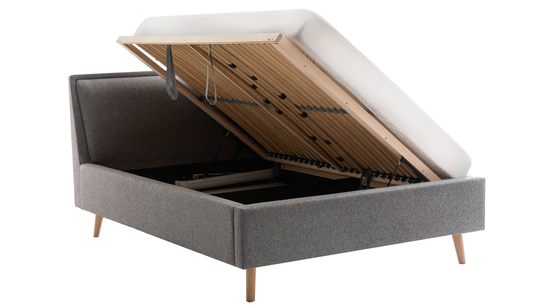 Bettgestell Meise.möbel aus Stoff in Grau Polsterbettgestell Frieda mit Bettkasten grauer Bezug Stelar 92 & eichefarbene Holzfüße - Liegefläche ca. 140 x 200 cm