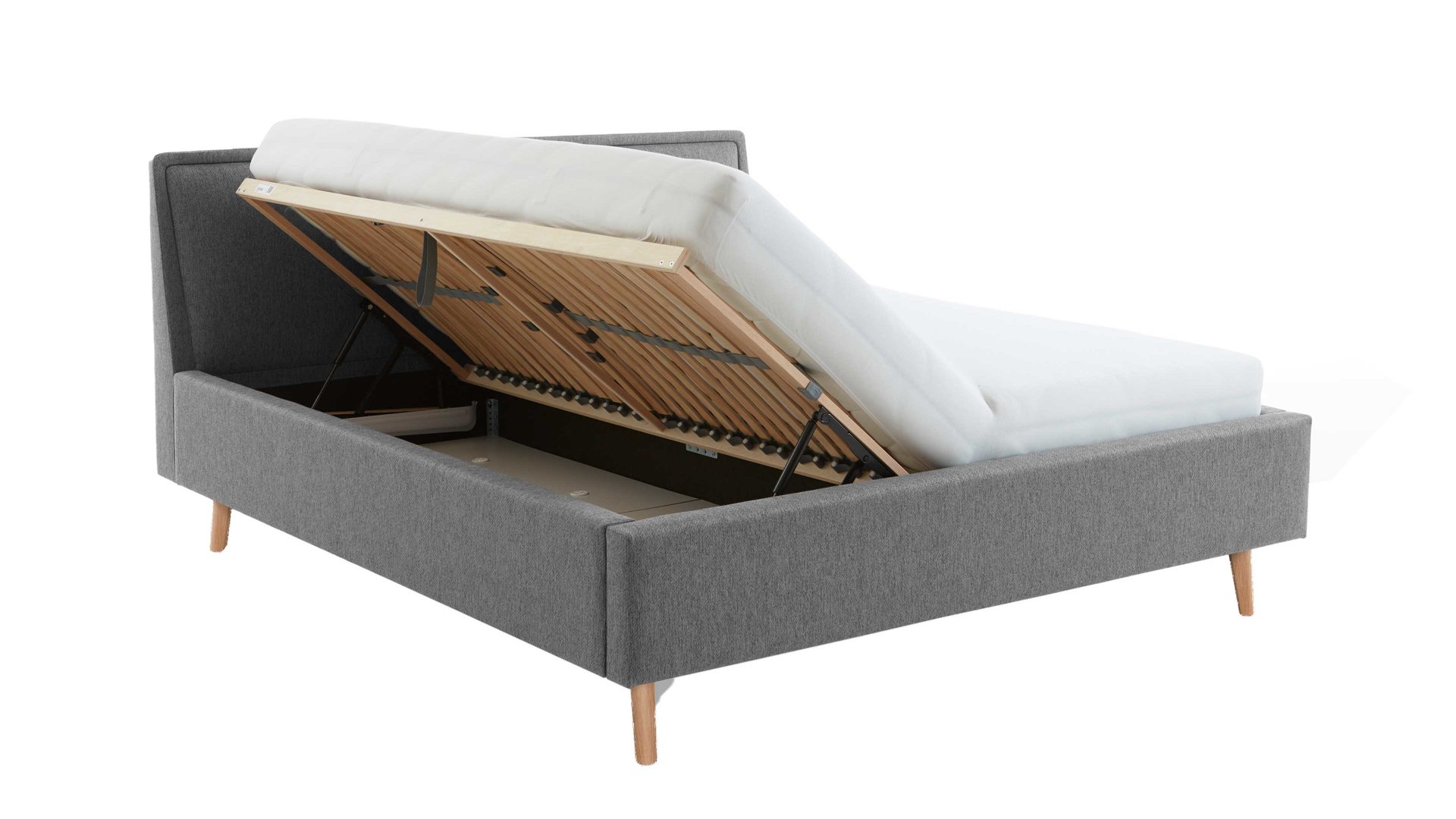 Bettgestell Meise.möbel aus Stoff in Grau Polsterbettgestell Frieda mit Bettkasten grauer Bezug Stelar 92 & eichefarbene Holzfüße - Liegefläche ca. 180 x 200 cm