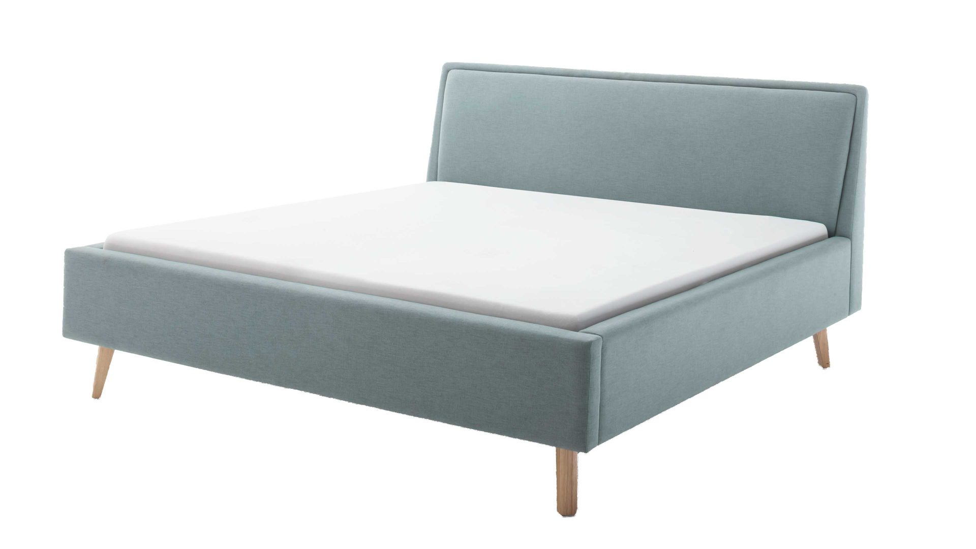 Bettgestell Meise.möbel aus Stoff in Blau Polsterbettgestell Frieda mit Bettkasten eisblauer Bezug Sawana 72 & eichefarbene Holzfüße - Liegefläche ca. 180 x 200 cm