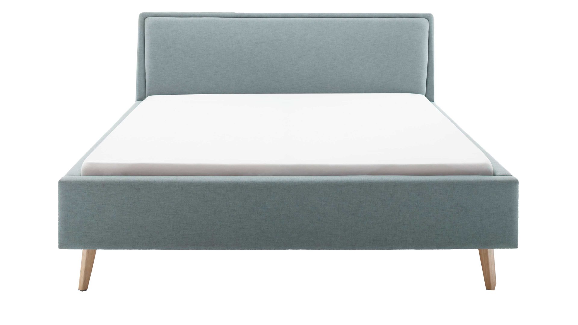 Bettgestell Meise.möbel aus Stoff in Blau Polsterbettgestell Frieda mit Bettkasten eisblauer Bezug Sawana 72 & eichefarbene Holzfüße - Liegefläche ca. 180 x 200 cm
