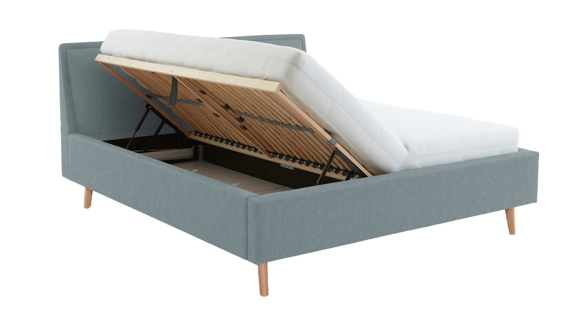 Bettgestell Meise.möbel aus Stoff in Blau Polsterbettgestell Frieda mit Bettkasten eisblauer Bezug Sawana 72 & eichefarbene Holzfüße - Liegefläche ca. 180 x 200 cm